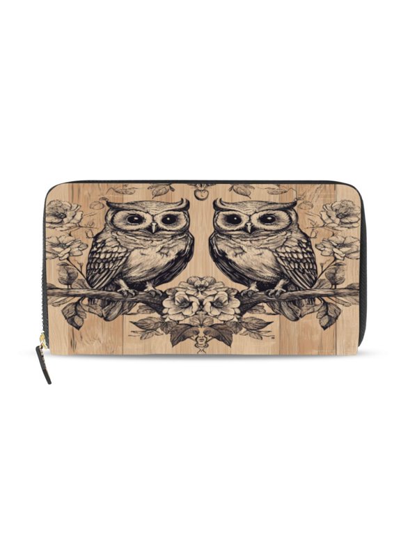 Two Owls Sitting on Opposite Branches Women's Leather Wallet Fashion Retro Multi Card Holder with Cell Phone Pocket Mothers Day Gifts