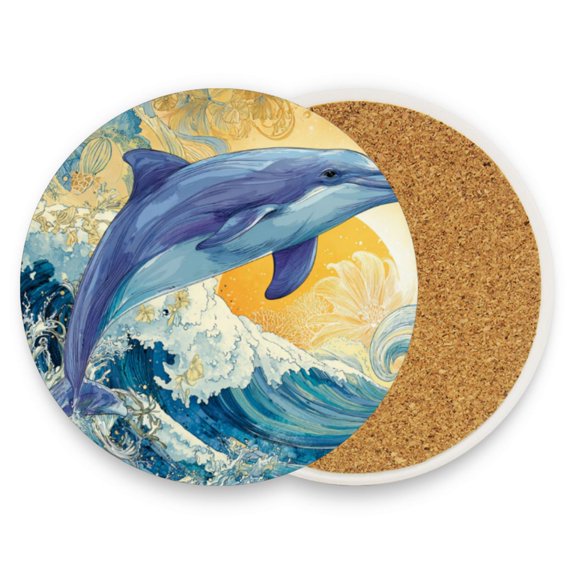 Qxltty Two Pcs Drink Coasters Blue Dolphin Ceramic Round Coaster Absorbent Suitable for Kinds of Cups Coffee Table