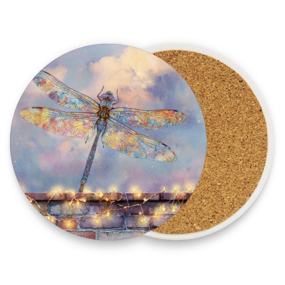 Qxltty Two Pcs Drink Coasters Colourful Dragonfly Ceramic Round Coaster Absorbent Suitable for Kinds of Cups Coffee Table