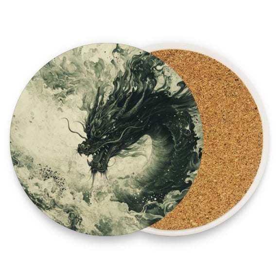 Qxltty Two Pcs Drink Coasters Dark Green Dragon Ceramic Round Coaster Absorbent Suitable for Kinds of Cups Coffee Table