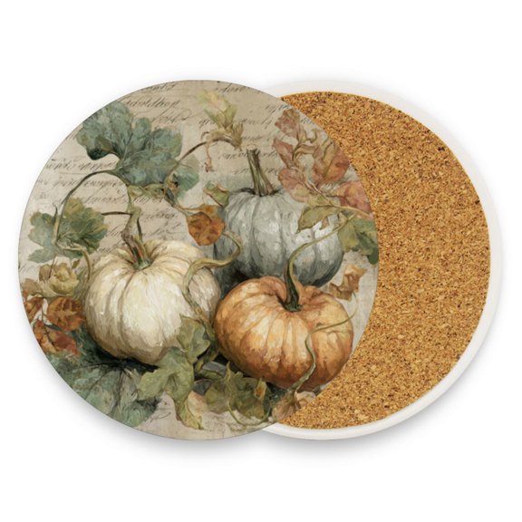 Qxltty Two Pcs Drink Coasters Fall Pumpkin Maple Leaf Ceramic Round Coaster Absorbent Suitable for Kinds of Cups Coffee Table