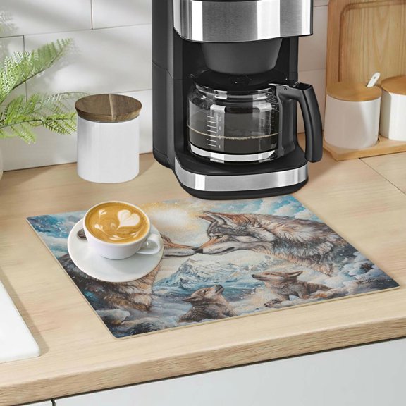 Qxltty Two Wolf Kings Leather Drying Mat for Kitchen Countertops Coffee Mats Hide Stain Quickly Absorbs Water Tableware Decor