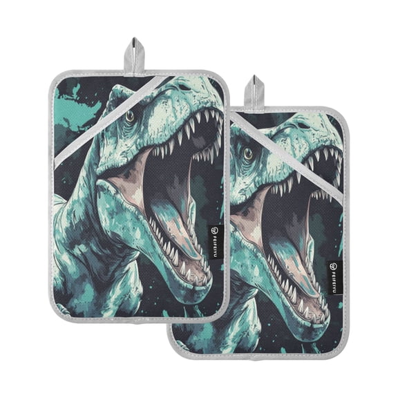 Qxltty Tyrannosaurus Rex Oven Mitts 2-Pack Heat Resistant Quilted Oven Gloves with Hanging Loop for Microwave BBQ & Kitchen Use