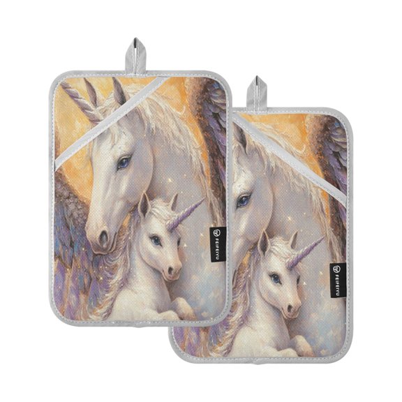 Qxltty Unicorn Family Oven Mitts 2-Pack Heat Resistant Quilted Oven Gloves with Hanging Loop for Microwave BBQ & Kitchen Use