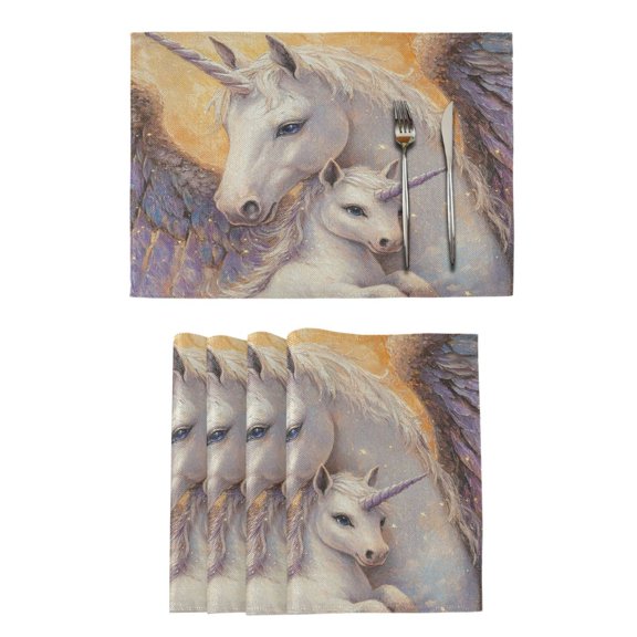 Qxltty Unicorn Family Placemats Set of 6 Heat Resistant Non-Slip Place mat for Dining Table Washable Durable Polyester Woven Table Decorations