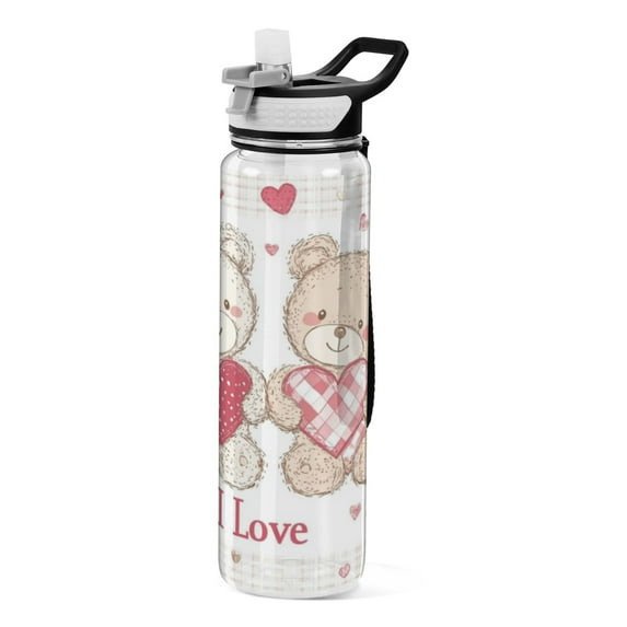 Qxltty Valentine Teddy Bear Water Bottle 32 oz with Straw BPA Free Reusable Fitness Sport Bottle Perfect for Travel School Outdoors and Gym