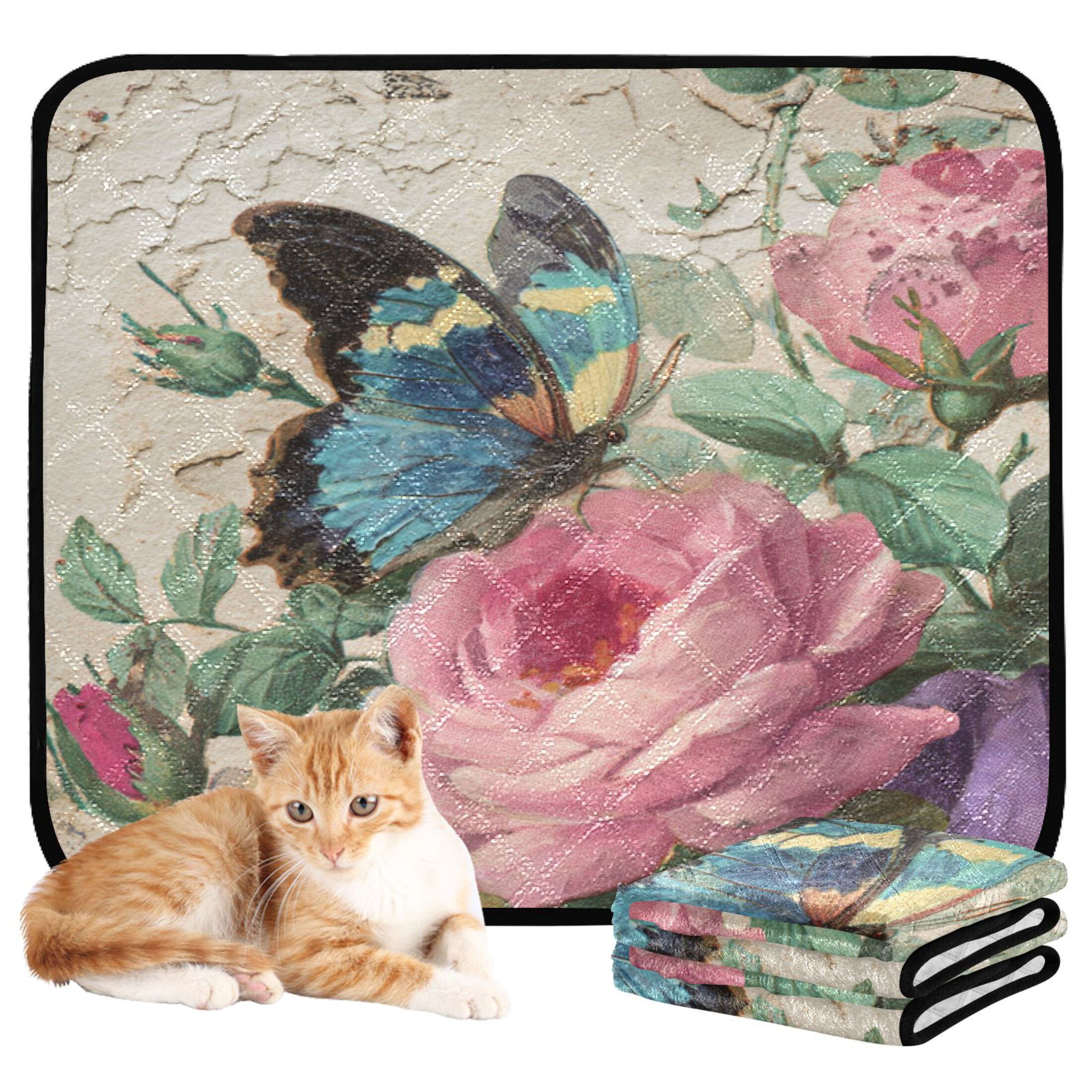 Qxltty Vintage Butterfly Cat litter Pads Pet Set of 3 Diaper Mats Center Anti-leakage Layer Absorbent Soft and Comfortable
