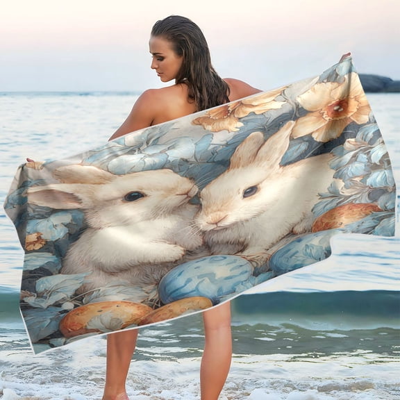Qxltty Vintage Easter Bunny Beach Towel Sand Free Bath Towel Absorbent Quick Dry Soft Lightweight Blanket for Travel Gym Camping 60x30in