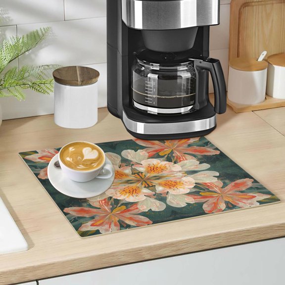 Qxltty Vintage Floral Patterns Leather Drying Mat for Kitchen Countertops Coffee Mats Hide Stain Quickly Absorbs Water Tableware Decor