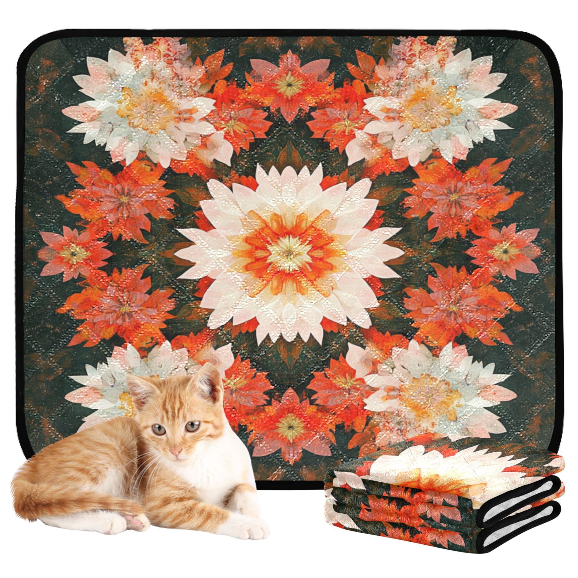 Qxltty Vintage Orange and White Floral Cat litter Pads Pet Set of 3 Diaper Mats Center Anti-leakage Layer Absorbent Soft and Comfortable