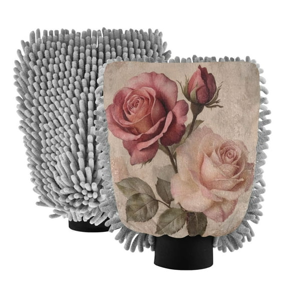 Qxltty Vintage Rose Car Wash Mitt 2pcs Scratch Free Lint-Free Antistatic Microfiber 8.07×11.8in