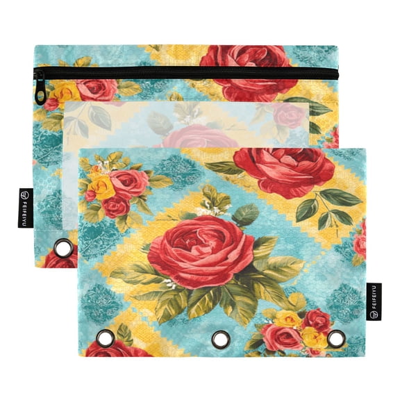 Qxltty Vintage Rose Quilt Chart Pencil Pouches for 3 Ring Binder Clear Window Zipper Pencil Case for Office College Supplies