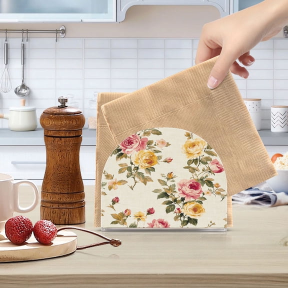 Qxltty Vintage Shabby Chic Floral Pattern with Roses Acrylic Napkin Holder Set of 1 Transparent Dining Table Kitchen Cafeteria Home Decor 4.1x4.9x1.97in