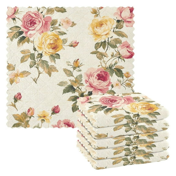 Qxltty Vintage Shabby Chic Floral Pattern with Roses Kitchen Towels Set of 6 Ultra Soft Absorbent Quick Drying Dish Cloths 11 x 11in