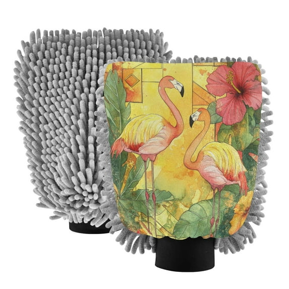 Qxltty Watercolor Flamingo Car Wash Mitt 2pcs Scratch Free Lint-Free Antistatic Microfiber 8.07×11.8in