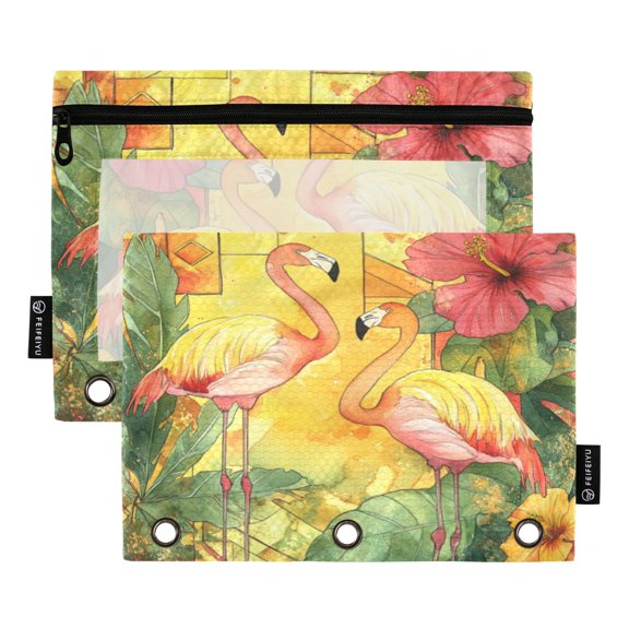 Qxltty Watercolor Flamingo Pencil Pouches for 3 Ring Binder Clear Window Zipper Pencil Case for Office College Supplies