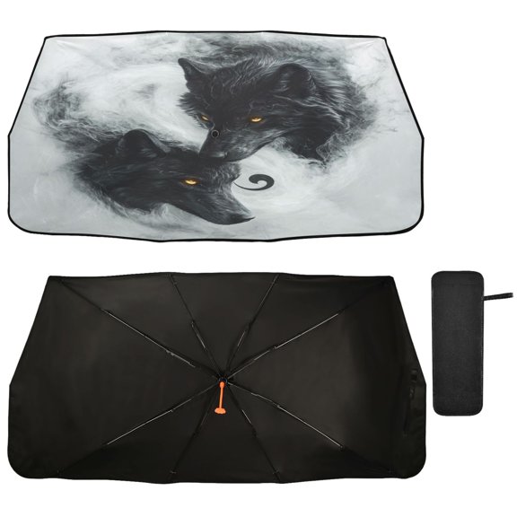 Qxltty Watercolor Style Black Wolf Car Windshield Sunshade Umbrella Quality Black Rubberized Fabric Can Effectively Block UV Rays Heat