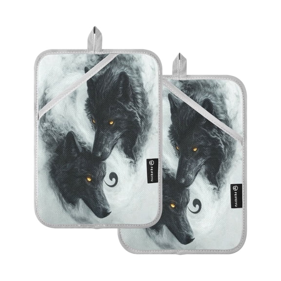 Qxltty Watercolor Style Black Wolf Oven Mitts 2-Pack Heat Resistant Quilted Oven Gloves with Hanging Loop for Microwave BBQ & Kitchen Use