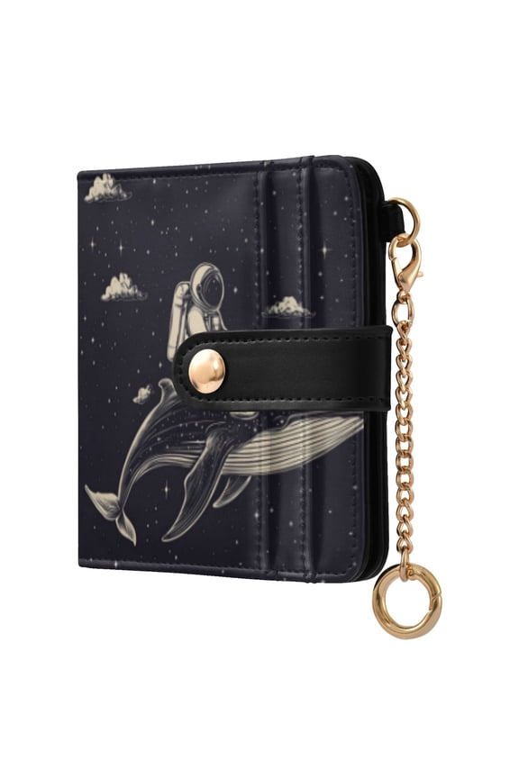 Whale Riding Astronaut Pattern Ladies Wallet Rfid Slim Thin Compact Credit Card Women Wallet Zipper Coin Pocket and ID Window for Female Gifts