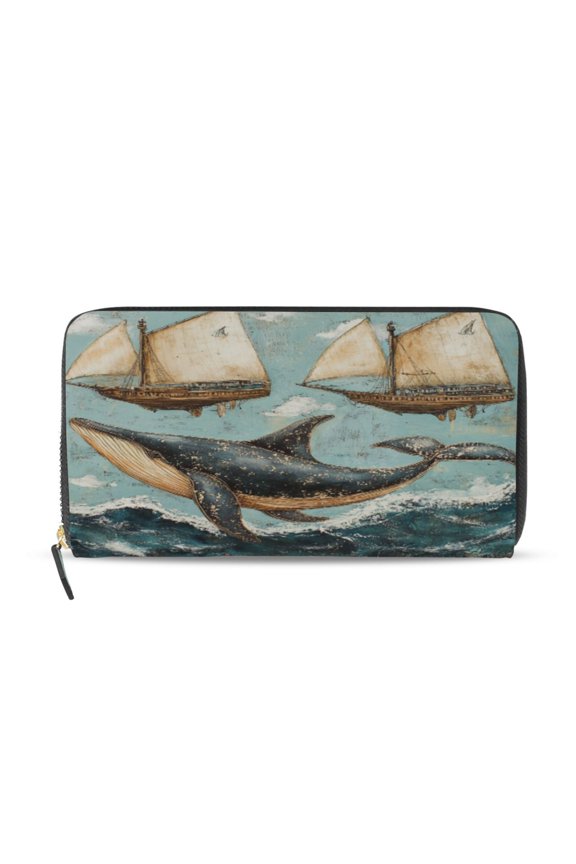 Whales Swim with Sailboats Women's Leather Wallet Fashion Retro Multi Card Holder with Cell Phone Pocket Mothers Day Gifts