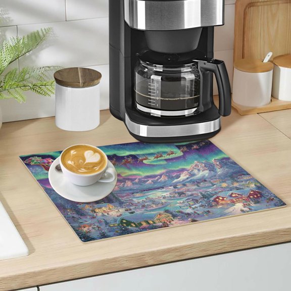 Qxltty Whimsical Christmas Scene Leather Drying Mat for Kitchen Countertops Coffee Mats Hide Stain Quickly Absorbs Water Tableware Decor