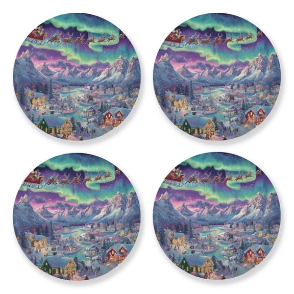 Qxltty Whimsical Christmas Scene Wooden Coasters Set of 4 Fun and Practical Perfectly Non-Slip Warm Home Accent