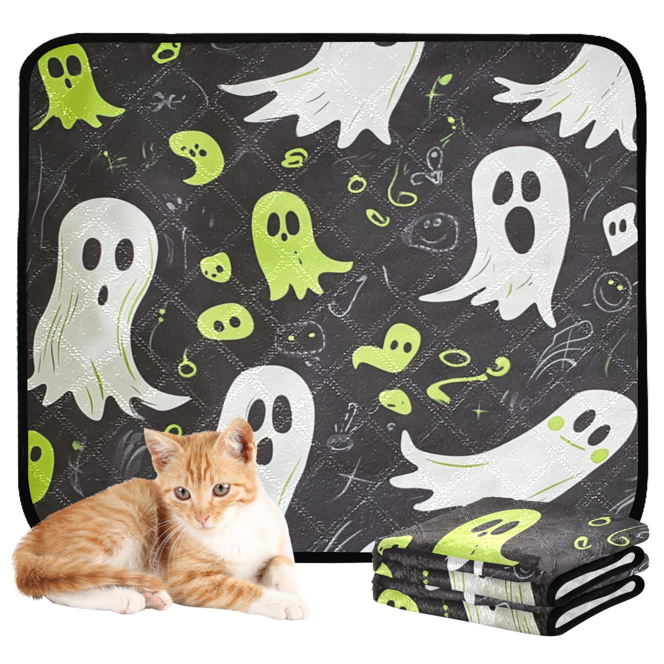 Qxltty White Cartoon Ghost Black Background Pattern Cat litter Pads Pet Set of 3 Diaper Mats Center Anti-leakage Layer Absorbent Soft and Comfortable