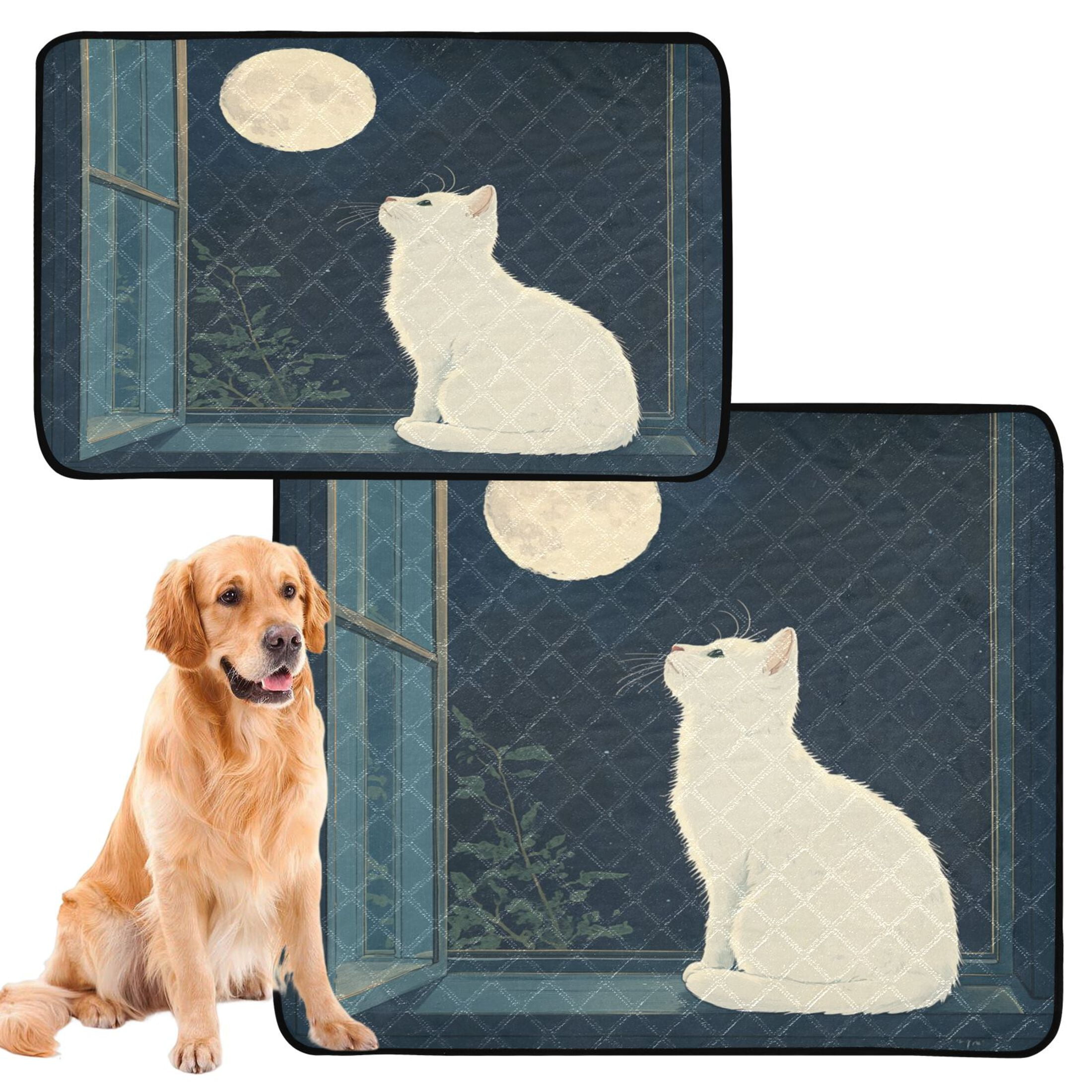 Qxltty White Cat Enjoying The Moon Cat litter Pads Pet Set of 2 Diaper Mats Center Anti-leakage Layer Absorbent Soft and Comfortable