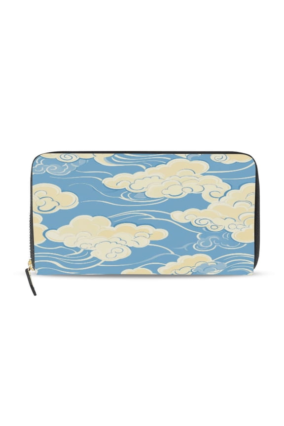 White Cloud Pattern on Blue Background Women's Leather Wallet Fashion Retro Multi Card Holder with Cell Phone Pocket Mothers Day Gifts