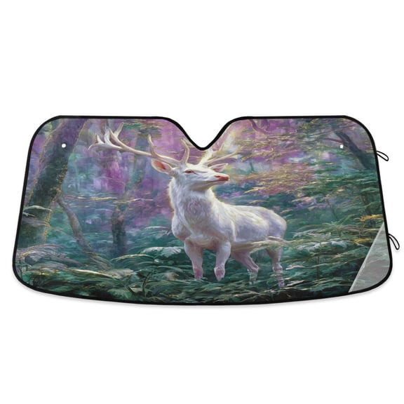 Qxltty White Deer Forest Car Windshield Sunshades Foldable UV Rays Sun Visor Protector Keep Your Vehicle Cool 53×23.5in