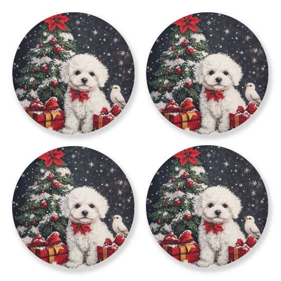 Qxltty White Dog and Christmas Tree with Red Gift Boxes Wooden Coasters Set of 4 Fun and Practical Perfectly Non-Slip Warm Home Accent