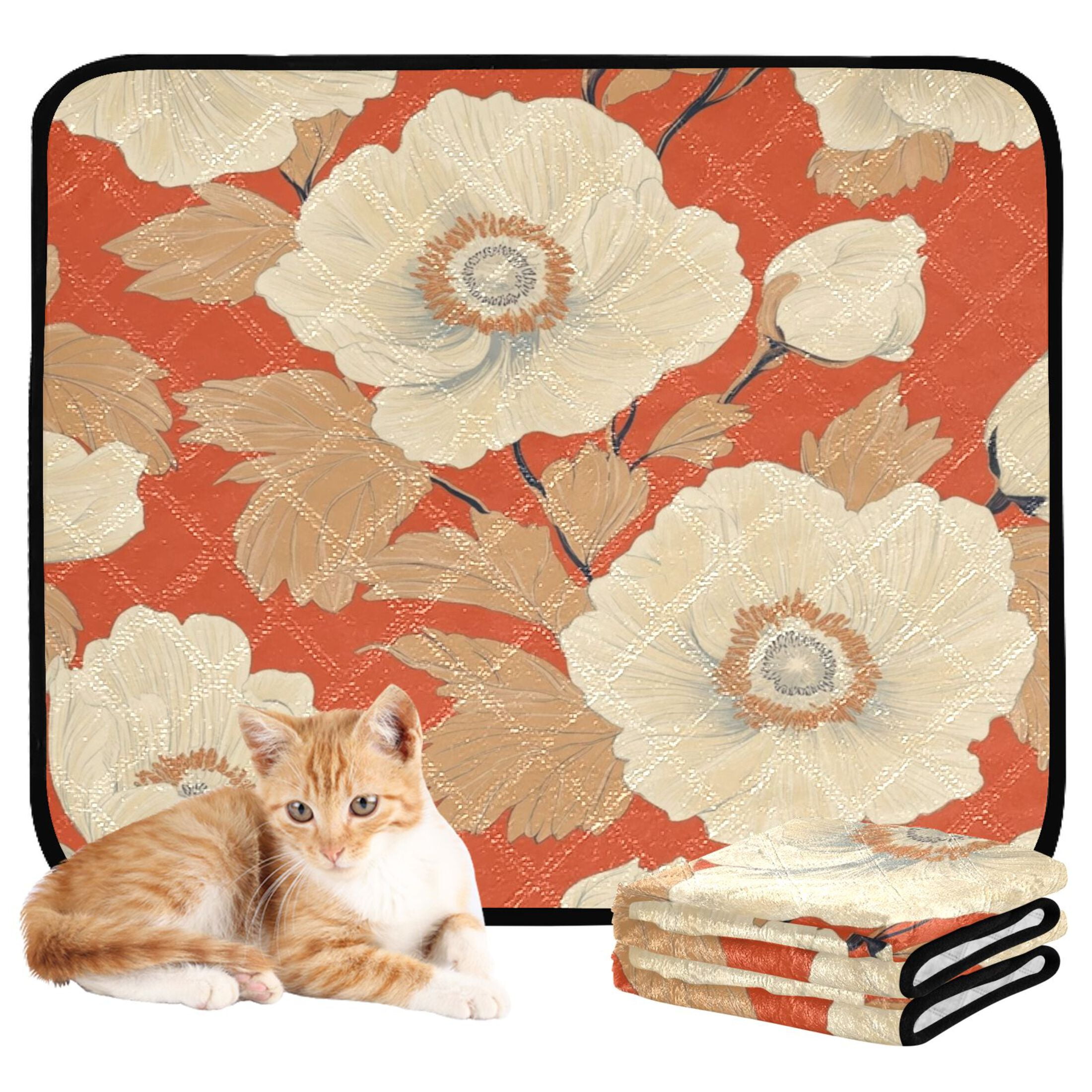 Qxltty White Flowers Orange Pattern Cat litter Pads Pet Set of 3 Diaper Mats Center Anti-leakage Layer Absorbent Soft and Comfortable