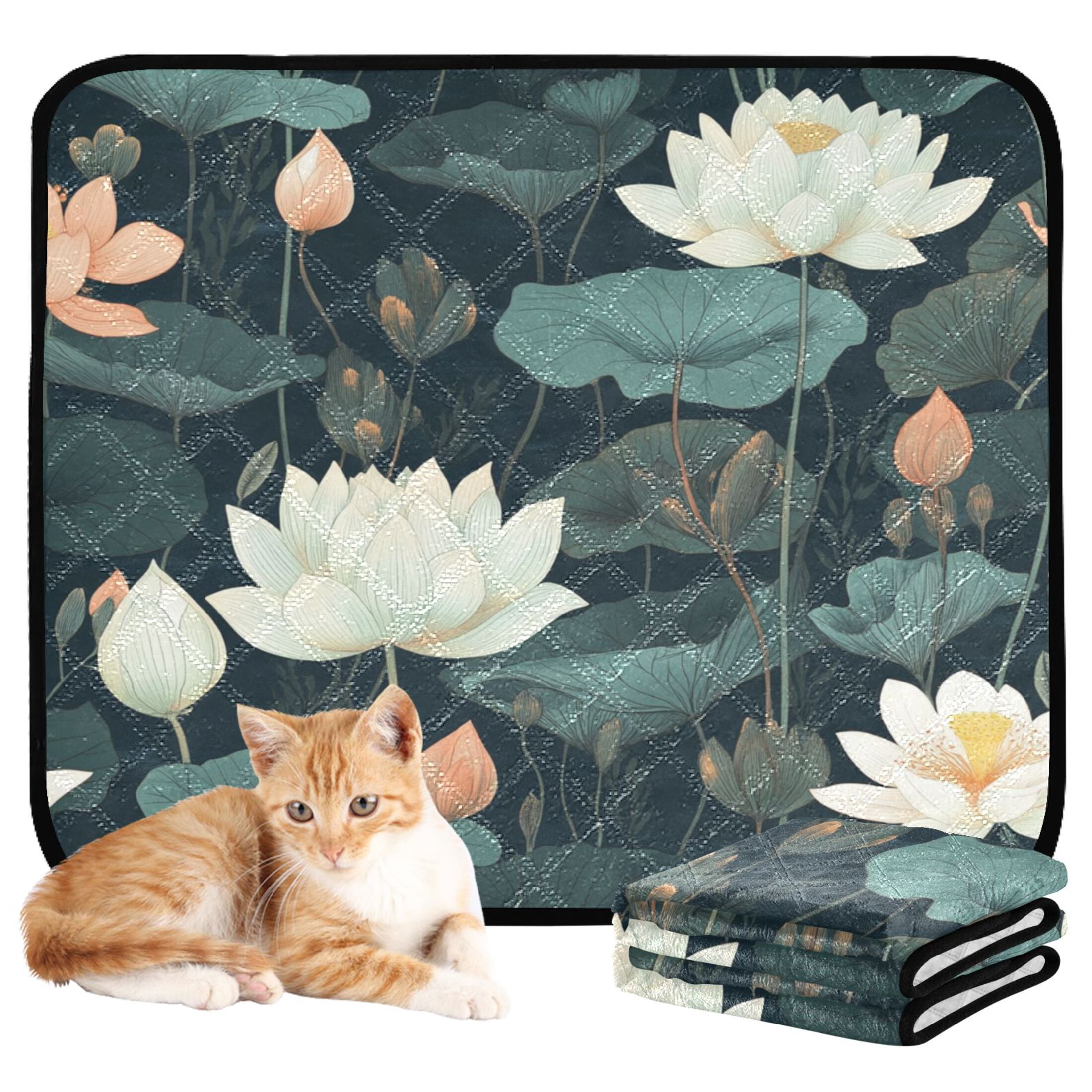 Qxltty White Lotus Flower Cat litter Pads Pet Set of 3 Diaper Mats Center Anti-leakage Layer Absorbent Soft and Comfortable