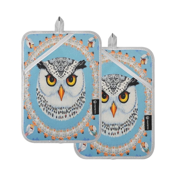Qxltty White Owl Pattern Oven Mitts 2-Pack Heat Resistant Quilted Oven Gloves with Hanging Loop for Microwave BBQ & Kitchen Use