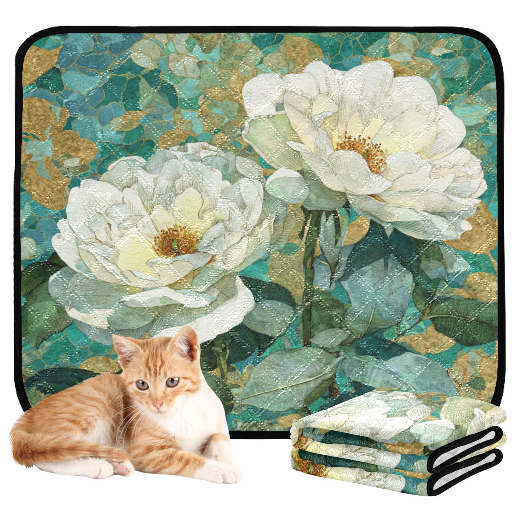 Qxltty White Peonies Cat litter Pads Pet Set of 3 Diaper Mats Center Anti-leakage Layer Absorbent Soft and Comfortable