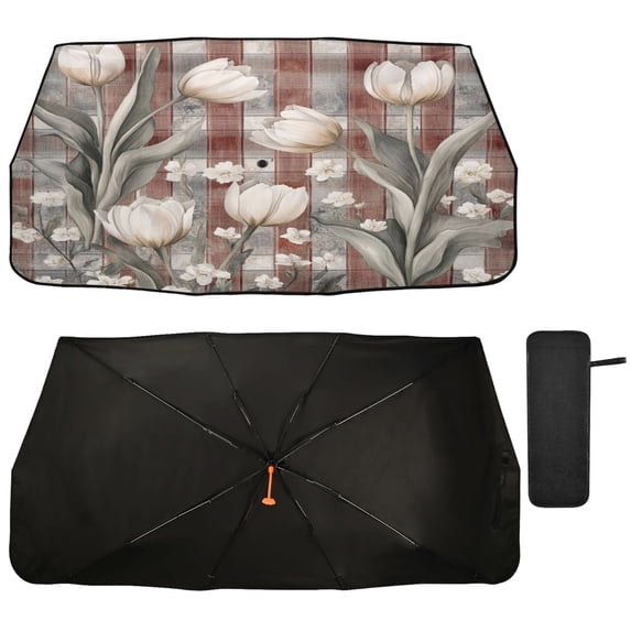 Qxltty White Tulip Flowers Car Windshield Sunshade Umbrella Quality Black Rubberized Fabric Can Effectively Block UV Rays Heat