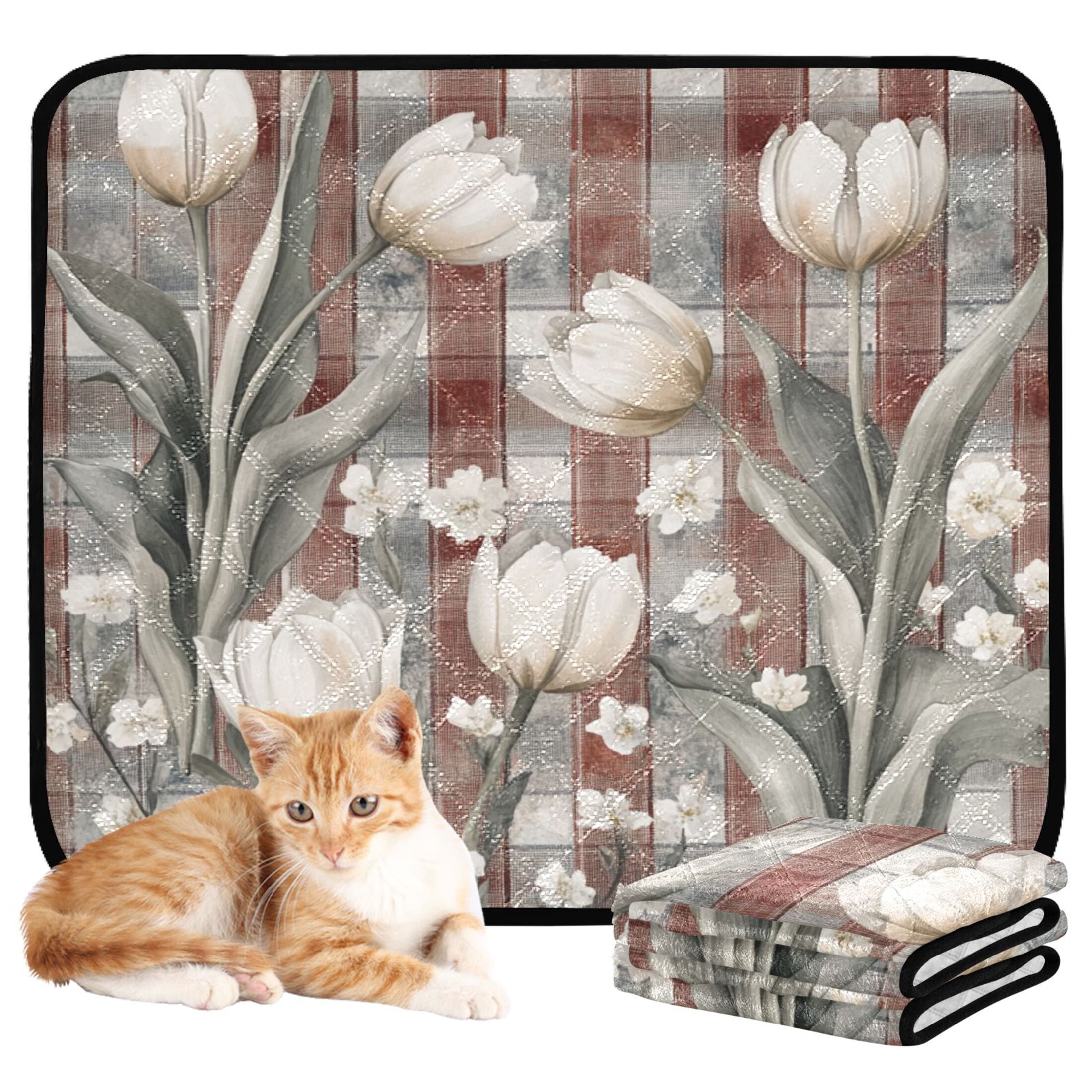 Qxltty White Tulip Flowers Cat litter Pads Pet Set of 3 Diaper Mats Center Anti-leakage Layer Absorbent Soft and Comfortable