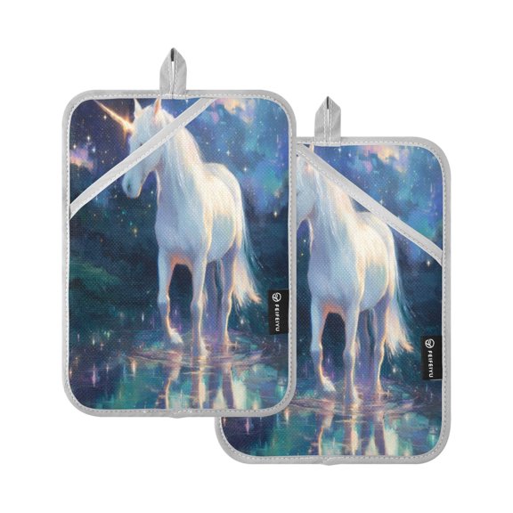 Qxltty White Unicorn Oven Mitts 2-Pack Heat Resistant Quilted Oven Gloves with Hanging Loop for Microwave BBQ & Kitchen Use