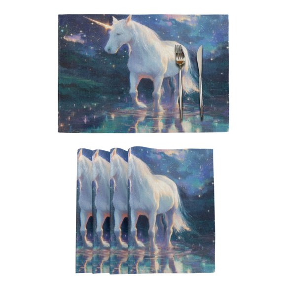 Qxltty White Unicorn Placemats Set of 6 Heat Resistant Non-Slip Place mat for Dining Table Washable Durable Polyester Woven Table Decorations