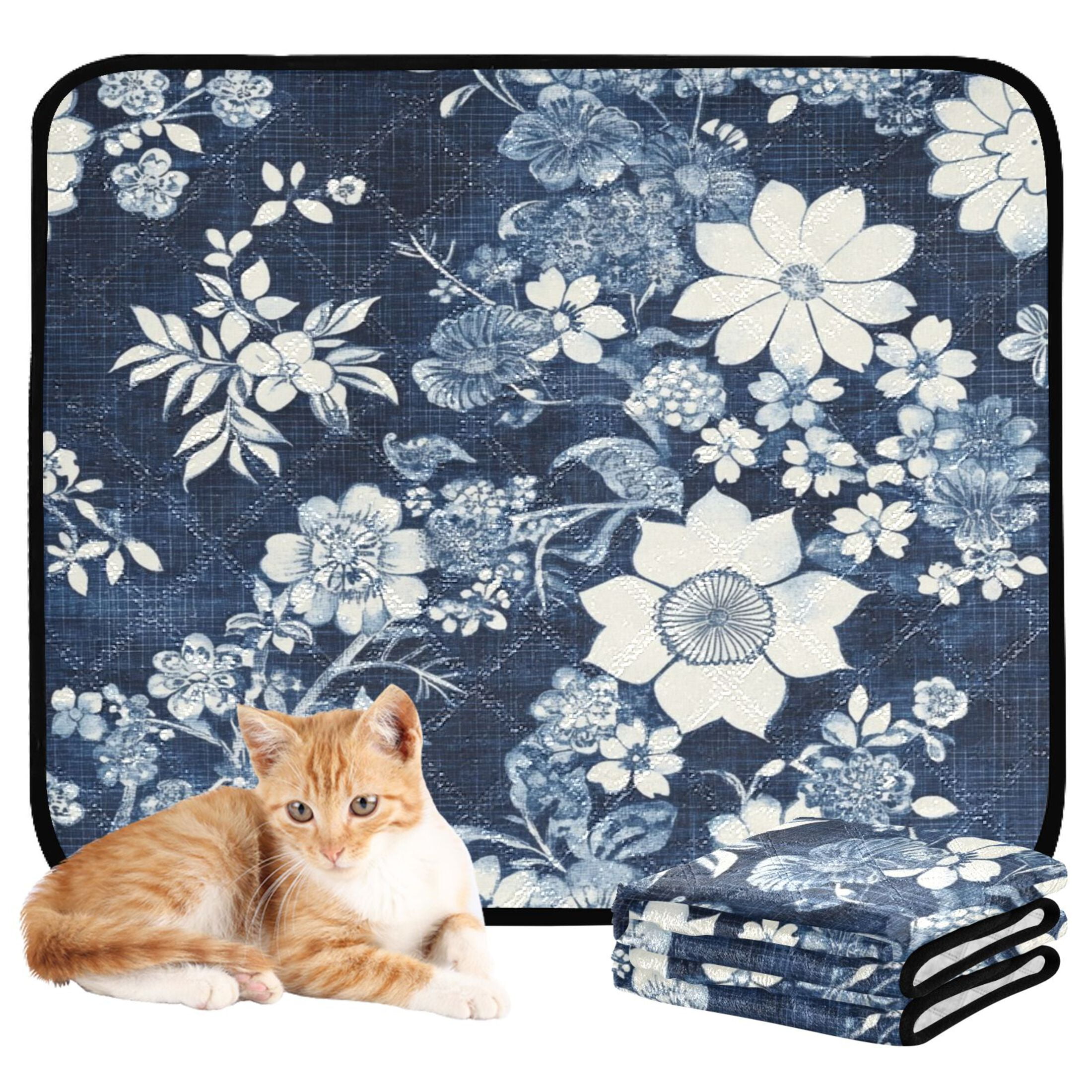 Qxltty White Vintage Flower in Indigo Blue Cat litter Pads Pet Set of 3 Diaper Mats Center Anti-leakage Layer Absorbent Soft and Comfortable