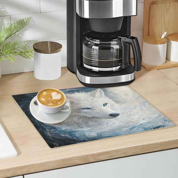 Qxltty White Wolf with Blue Eyes Leather Drying Mat for Kitchen Countertops Coffee Mats Hide Stain Quickly Absorbs Water Tableware Decor