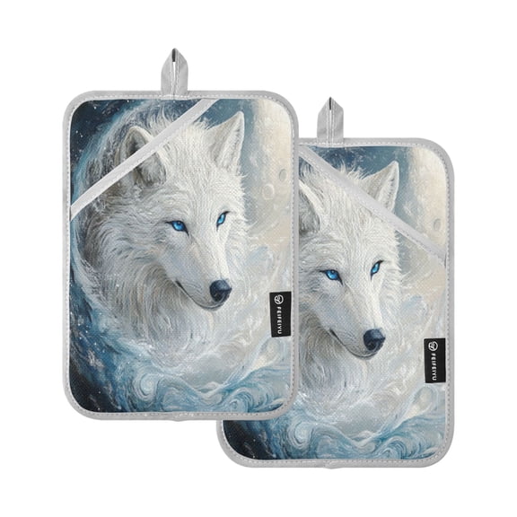 Qxltty White Wolf with Blue Eyes Oven Mitts 2-Pack Heat Resistant Quilted Oven Gloves with Hanging Loop for Microwave BBQ & Kitchen Use