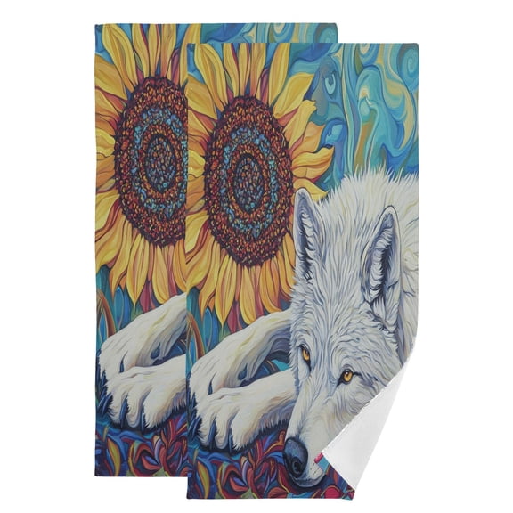 Qxltty White Wolf with Sunflower Face Towel Set of 2 Polyester Cotton Soft Bath Towels for Bathroom Kitchen Hotel Spa 28.3x14.4in
