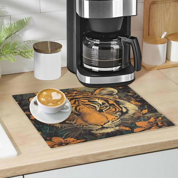 Qxltty Wildflower Tiger Pattern Leather Drying Mat for Kitchen Countertops Coffee Mats Hide Stain Quickly Absorbs Water Tableware Decor
