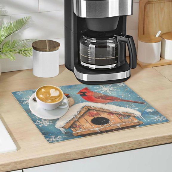 Qxltty Winter Cardinal Bird Leather Drying Mat for Kitchen Countertops Coffee Mats Hide Stain Quickly Absorbs Water Tableware Decor