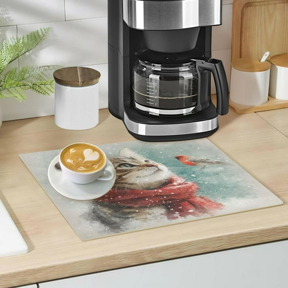 Qxltty Winter Cat Leather Drying Mat for Kitchen Countertops Coffee Mats Hide Stain Quickly Absorbs Water Tableware Decor