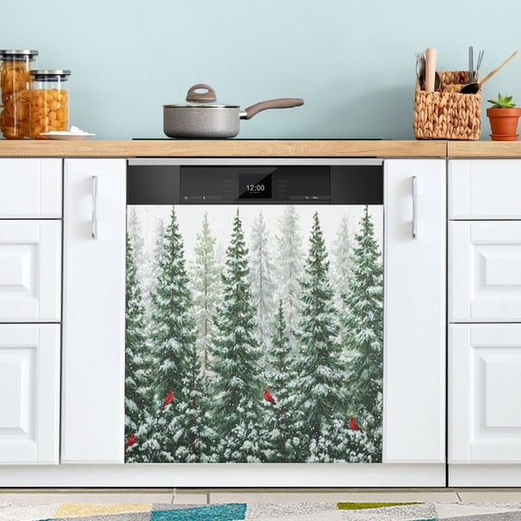 Qxltty Winter Green Pine Tree Magnetic Dishwasher Sticker Refrigerator Cover Washing Machine Panel Kitchen Appliance Decoration 2326in