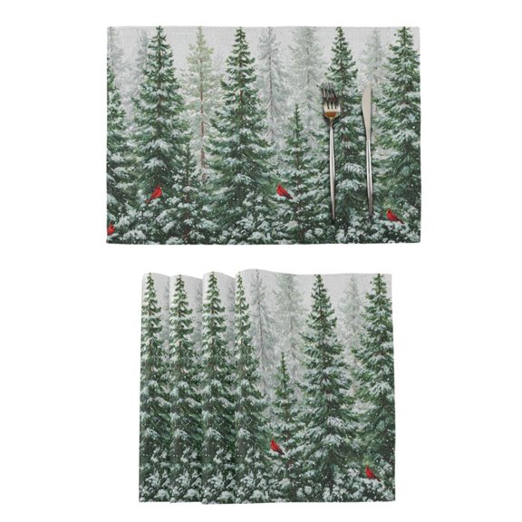 Qxltty Winter Green Pine Tree Placemats Set of 6 Heat Resistant Non-Slip Place mat for Dining Table Washable Durable Polyester Woven Table Decorations