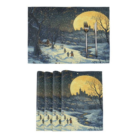 Qxltty Winter Village Scenery Placemats Set of 6 Heat Resistant Non-Slip Place mat for Dining Table Washable Durable Polyester Woven Table Decorations