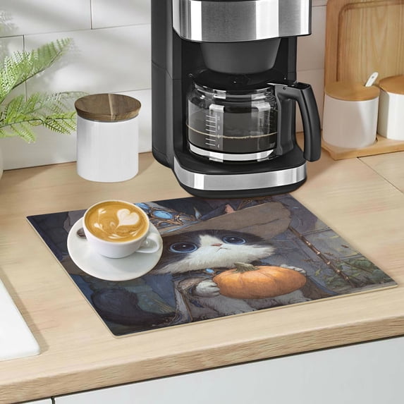 Qxltty Wizard Kitten Leather Drying Mat for Kitchen Countertops Coffee Mats Hide Stain Quickly Absorbs Water Tableware Decor